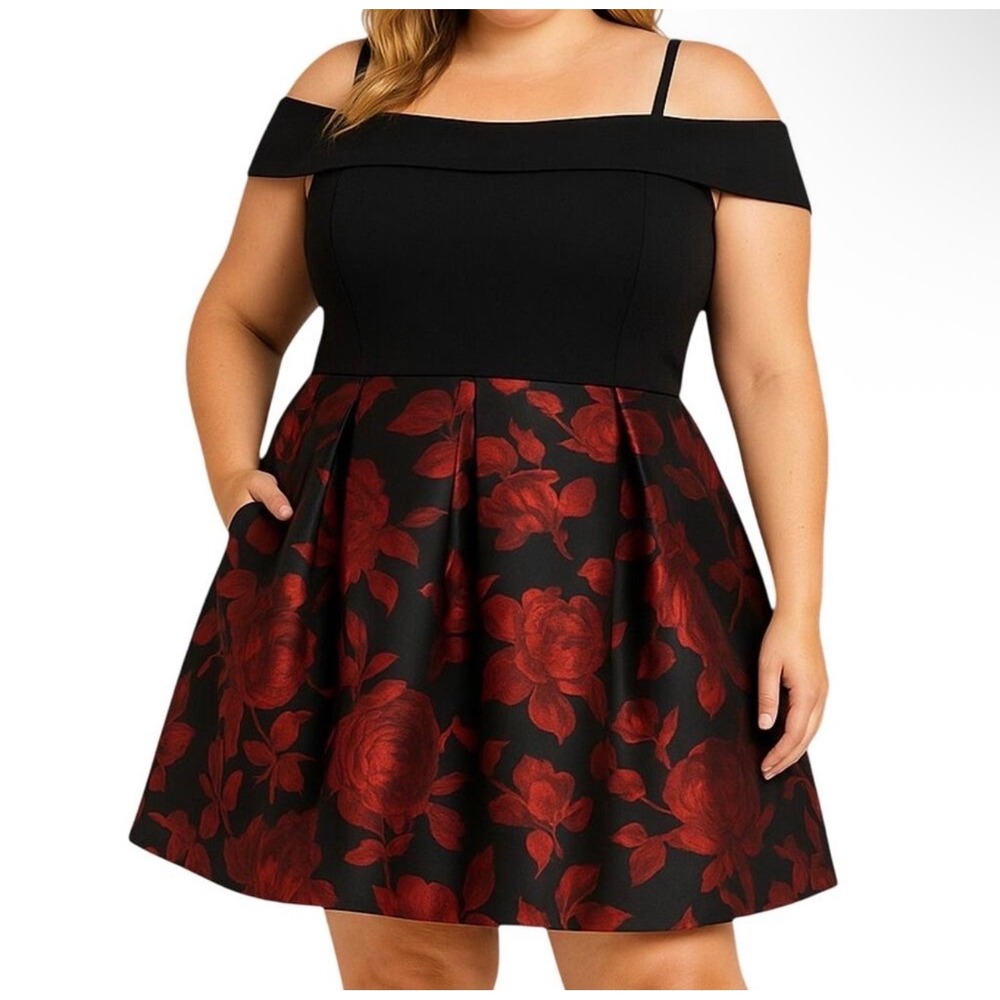 Morgan and Co. Black Red Floral Brocade Off Shoulder Flare Cocktail Dress 18W